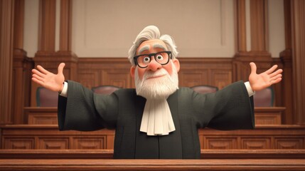 Animated senior man in court uniform with open arms