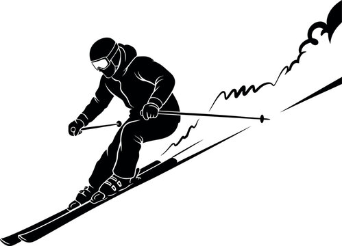 A skier in motion on a snowy slope with ski poles