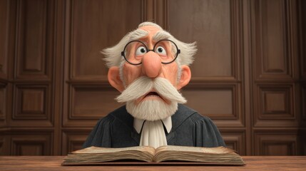 Cartoon judge with open book in courtroom