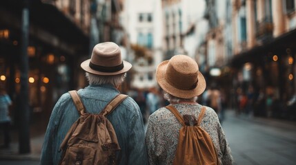 Couple walking through city street wearing hats