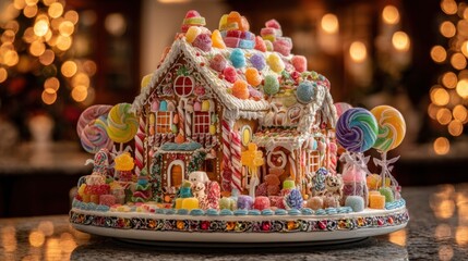Delicious gingerbread house decorated with colorful candy