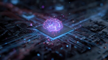 Digital brain and glowing circuits on motherboard