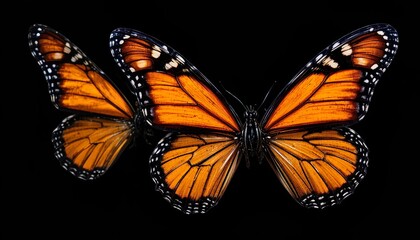 Fototapeta premium Four monarch butterflies with vivid orange wings, black veins, and white-dotted edges arranged symmetrically on a deep black background, captured in sharp detail with natural texture and contrast