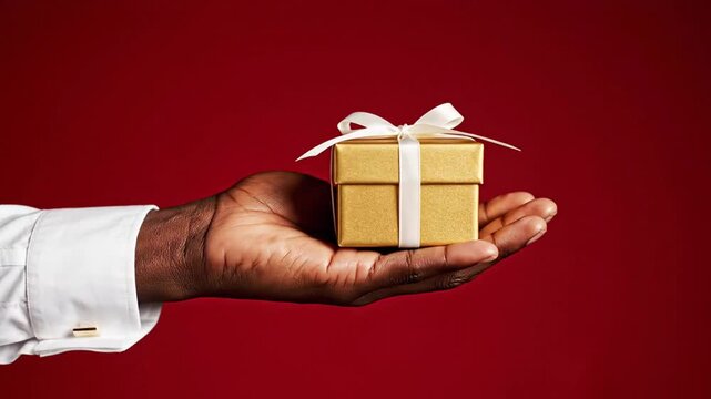 African American mans hand holding a small gift box with a white ribbon against a vibrant red background.