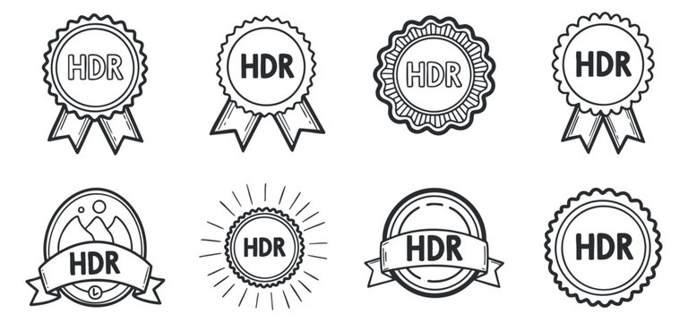 A collection of HDR badges and awards in black and white outline vector style, suitable for branding and promotional materials
