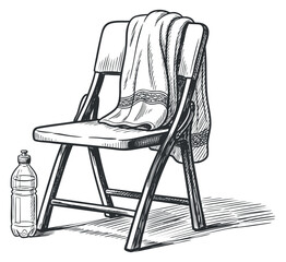 A folding chair with a towel draped over it and a water bottle beside it in detailed sketch style, ideal for outdoor and leisure settings