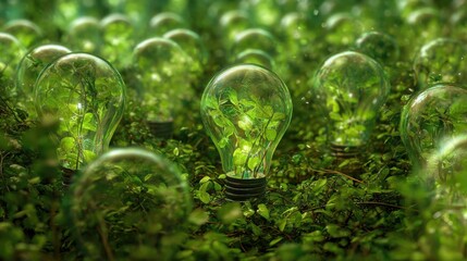 Growing plants inside light bulbs on a green forest floor