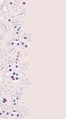 Blackcurrant Drink Outline Seamless Border. Line Art Background with Berry Cocktail, Lemonade, Ice Cubes and Mint Leaves. Vertical template with Empty Copy Space. Vector Illustration