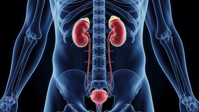 Human urinary system anatomy showing kidneys bladder and internal organs
