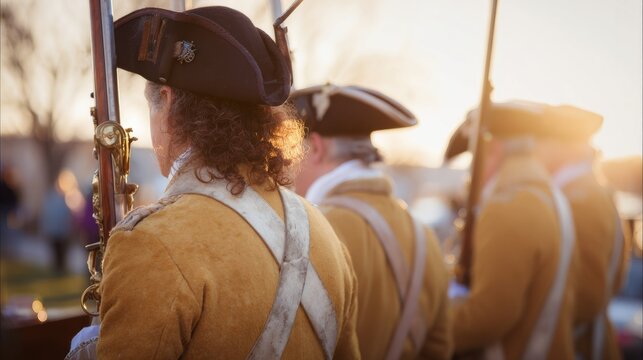 regiment. Historical reenactors in period costumes standing in formation during outdoor daytime event. event programs, museum guides, designed for cultural heritage projects and event programs.
