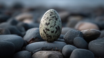 Single speckled egg on a bed of smooth stones