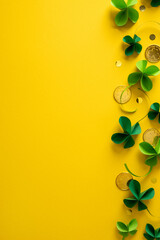 Naklejka premium Bright vertical yellow background with green shamrocks and gold coins evokes St Patrick's Day celebration and festive greeting, suggesting luck, color, and joy in springtime
