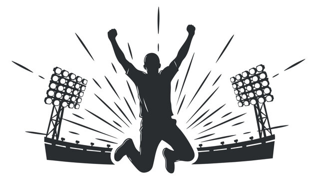 A silhouette of a victorious athlete celebrating with arms raised, surrounded by stadium lights in a dynamic vector style, ideal for sports-themed designs.