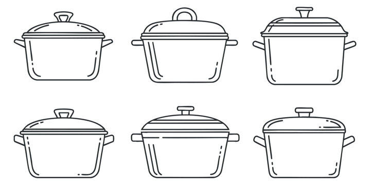 A collection of six cooking pots in black and white line art vector style, suitable for kitchenware branding and culinary designs