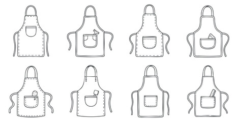 A collection of eight minimalist line art aprons with various pockets in a simple vector style, ideal for kitchen and culinary designs