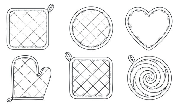 A collection of kitchen accessories including pot holders, an oven mitt, and a spiral design in minimalist outline style, perfect for culinary branding and home decor