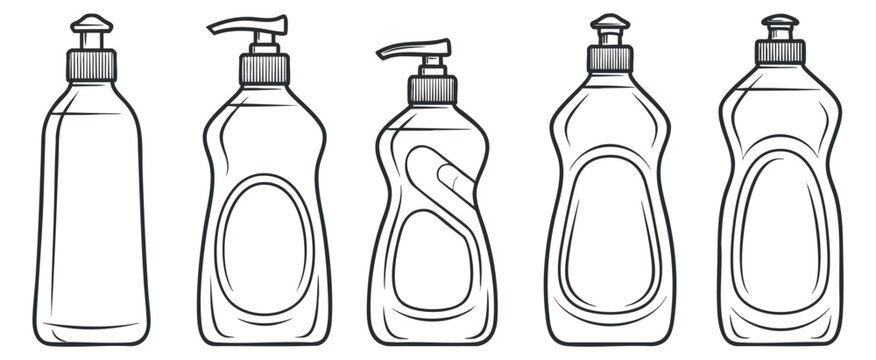A collection of five outline vector bottles for cleaning products in minimalist black and white style, suitable for packaging design