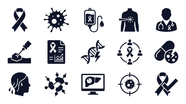 Oncology and cancer care icon set. Glyph black silhouettes &ndash; awareness ribbon, tumor cell, DNA mutation, support group, medication. Flat vector pictograms