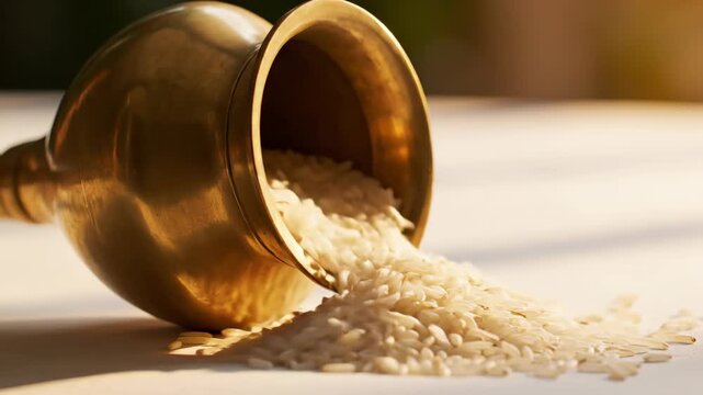 Rice spilling from traditional brass vessel on wooden surface. Rice is an essential element for various cultural rituals and celebrations, making it a vital ingredient in many festivals.
