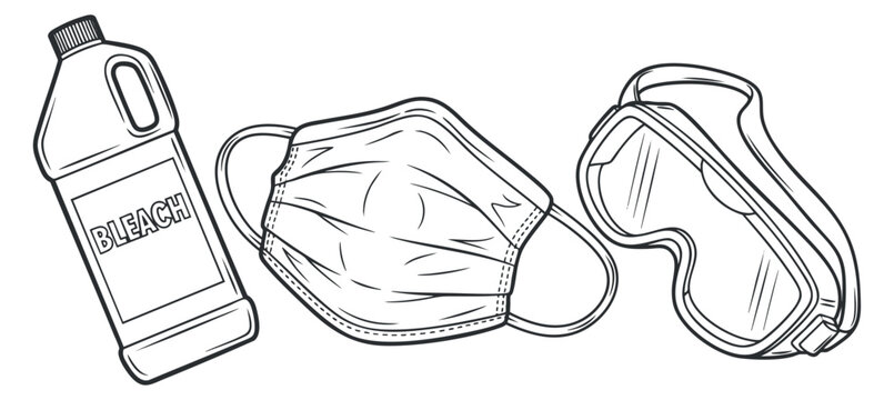 A collection of cleaning supplies including a bleach bottle, face mask, and safety goggles in outline vector style, suitable for health and safety awareness projects