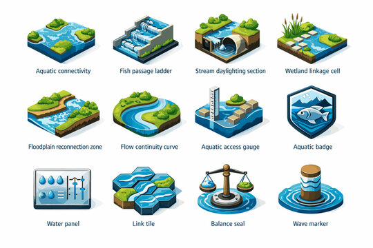 Aquatic habitat water reconnection badge connectivity marker ladder vector link icon