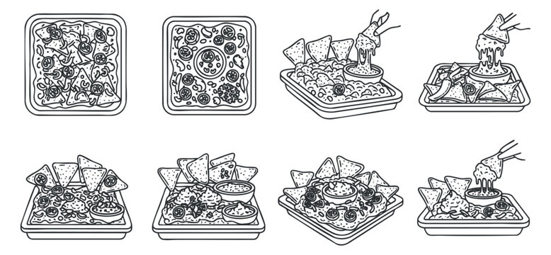 A collection of various snack dishes including nachos, salsa, and appetizers in black and white outline vector style, ideal for food menus and catering designs