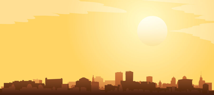 Golden yellow panoramic poster of the city skyline with misty background buildings and clouds of ZAGREB, CROATIA