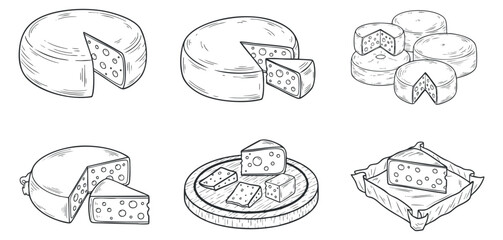A collection of various cheese types including wheels, slices, and cubes in outline vector style, ideal for food menus and culinary design
