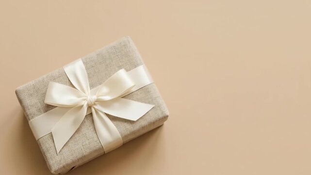 Elegant present box wrapped in textured fabric with satin ribbon bow on minimalist beige background