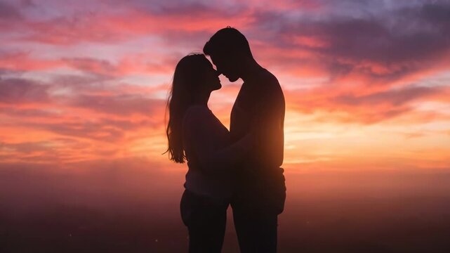 Loving couple embracing intimately in silhouette against a beautiful orange and purple sunset sky