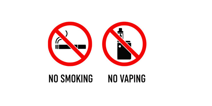 no smoking, no vaping, cigarette, electronic cigarette, vape, prohibited, forbidden, warning, health, air, restroom, bathroom, sign, signage, icon, symbol, pictogram, vector, silhouette, flat, black a