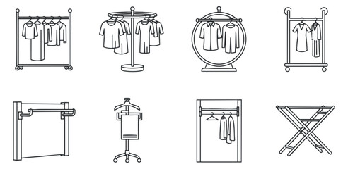 A collection of clothing racks and hangers in minimalist lineart vector style, ideal for fashion retail and home organization