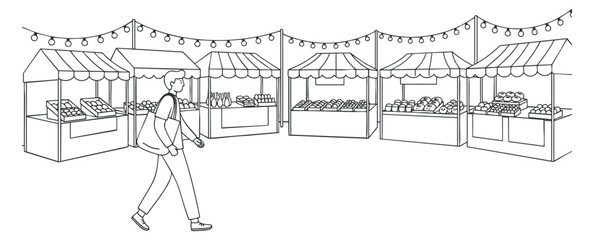 Fototapeta premium A line art illustration of a bustling outdoor market with stalls filled with goods, ideal for community event promotions