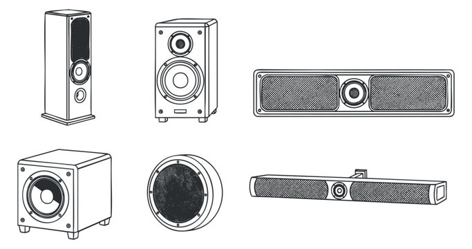 A collection of various audio speakers including subwoofers and soundbars in clean outline vector style, suitable for technology and audio projects