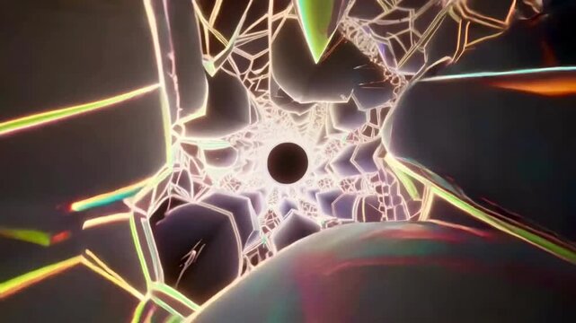 Explore the colorful patterns and shapes in a swirling tunnel with a black hole center, moving through different angles and views video