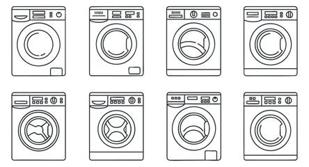 A set of eight washing machines in outline vector style, suitable for laundry service branding and home appliance design