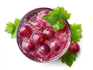 Delicious grape soda water isolated on white background, top view. Refreshing drink
