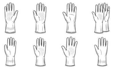 A set of hand illustrations featuring rubber gloves in detailed outline vector style, suitable for healthcare and safety projects