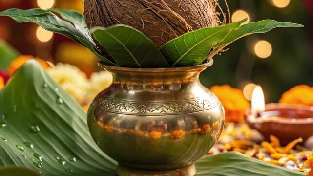 Traditional pooja offering with brass pot and coconut on leaf for Diwali celebration. Pooja setup includes decorative flowers and diya lighting for auspicious occasions like Diwali and Navratri.