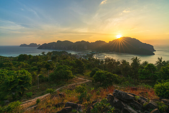sunset on tropical island ko phi phi in thailand