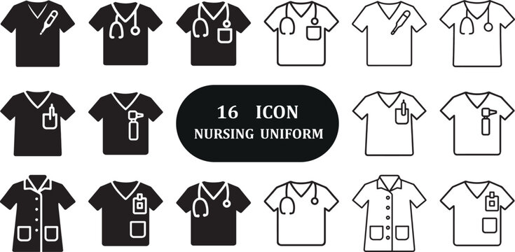 Medical nursing uniform icon set in bold silhouette outline style.