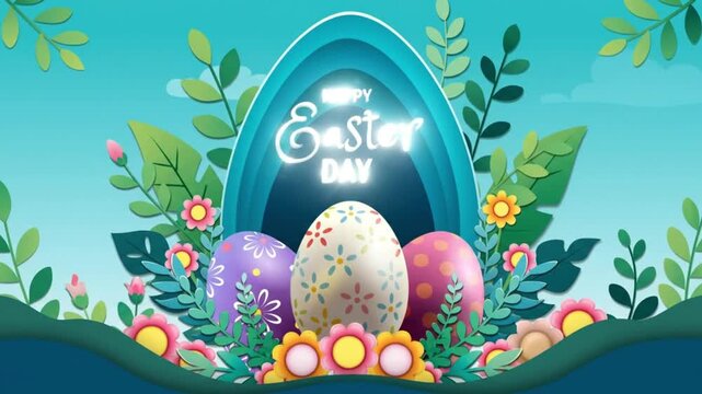 Vibrant Easter eggs and flowers nestled within a large blue egg shape on a serene blue background