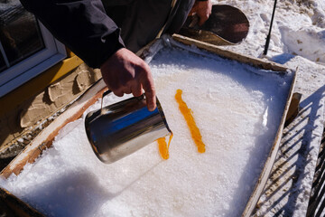 Pouring hot maple syrup on snow to make maple taffy