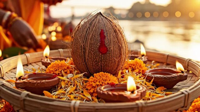 Traditional puja setup with coconut and clay lamps for ritual celebration. Puja includes vibrant marigold flowers and decorative elements, symbolizing spirituality and devotion.