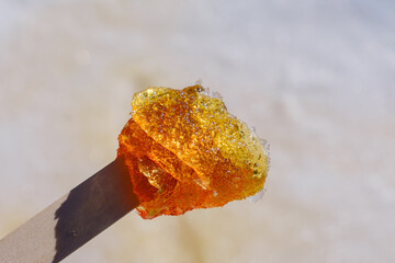 Close-up of traditional maple taffy rolled on a wooden stick