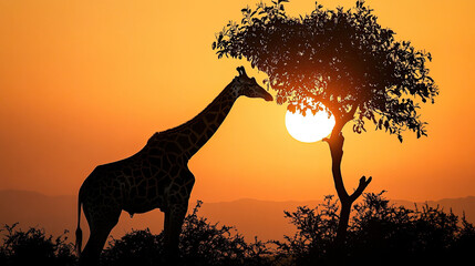A giraffe silhouetted against a setting sun AI Generative