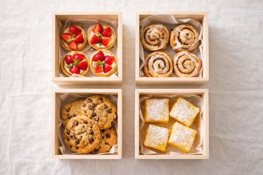 Assortment of fresh pastries and desserts in wooden boxes