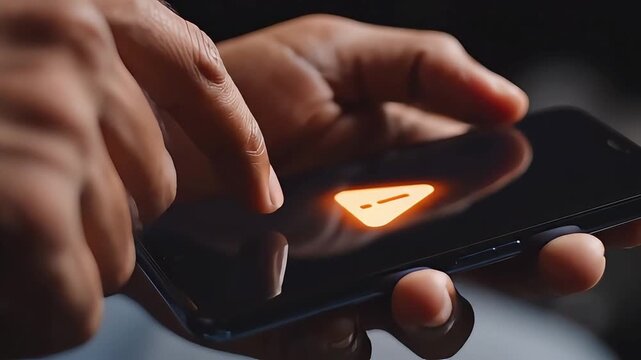 Close up of hands using a smartphone with a glowing play button icon.
