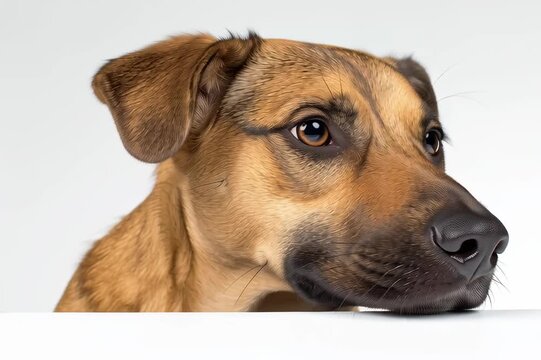Un adorable perro asoma la cabeza por encima de una barrera blanca, con una expresi&oacute;n curiosa y tierna.