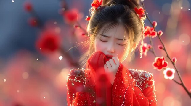 Una joven con vestimenta tradicional china, envuelta en la belleza ef&iacute;mera de un jard&iacute;n de cerezos en flor.